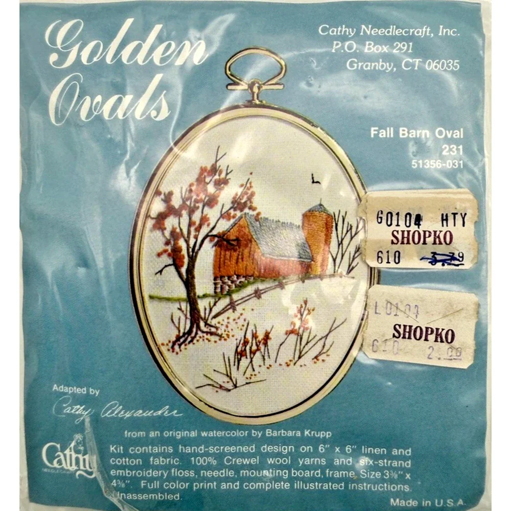Lot of 2 Cathy Golden Ovals Crewel Kit Fall Barn Owl Barnyard Rooster NIP Sealed